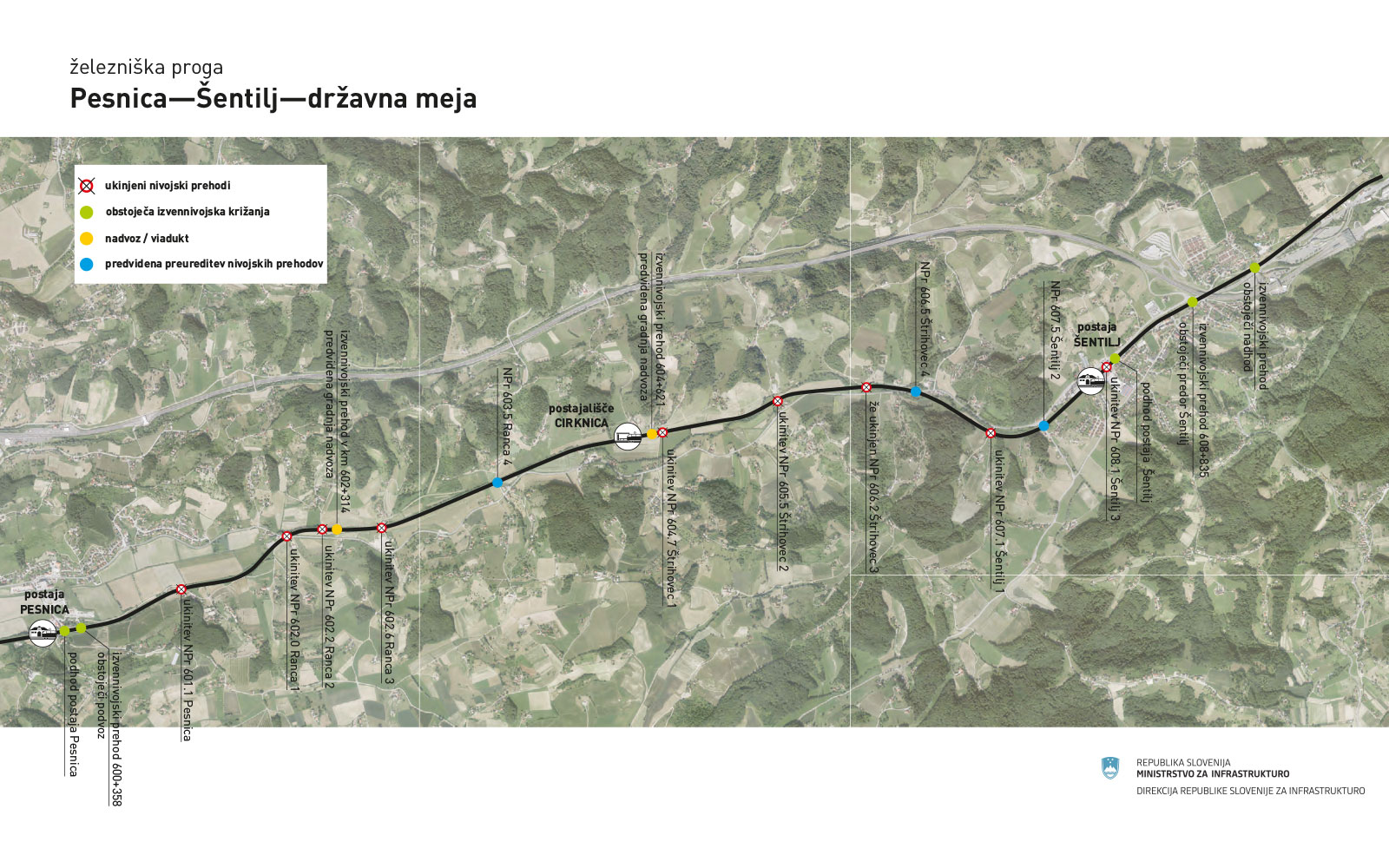 Zemljevid: Načrt poteka železniške proge Pesnica - Šentilj - državna meja 
